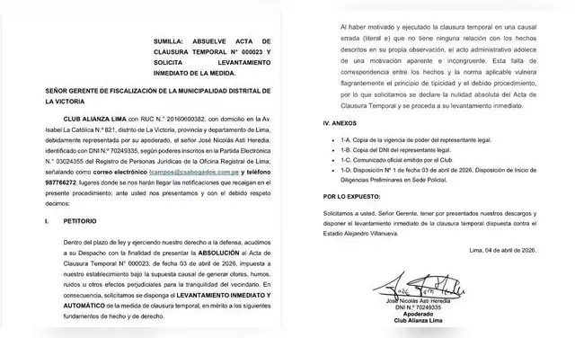 Documento presentado por Alianza Lima para levantar la sanción a Matute. Foto: Difusión  