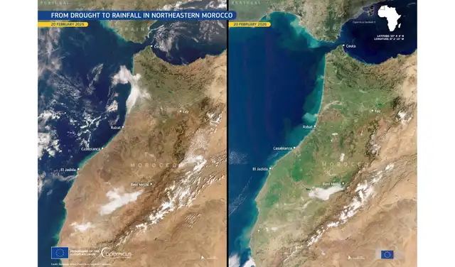 De sequía a vegetación en el norte de Marruecos. Foto: Copernicus Sentinel 3