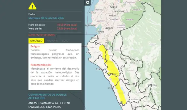 Pronóstico del Senamhi para este miércoles 8 de abril