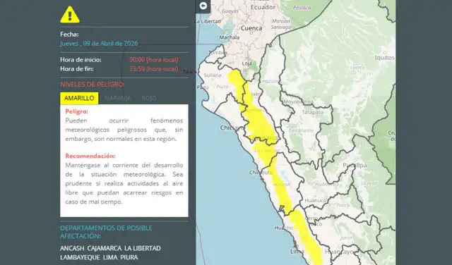 Pronóstico del Senamhi para este jueves 9 de abril