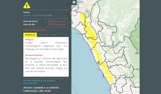Pronóstico del Senamhi para este viernes 10 de abril