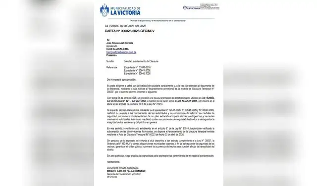 Documento de la Municipalida de La Victoria sobre el levantamiento de la sanción a Matute.  