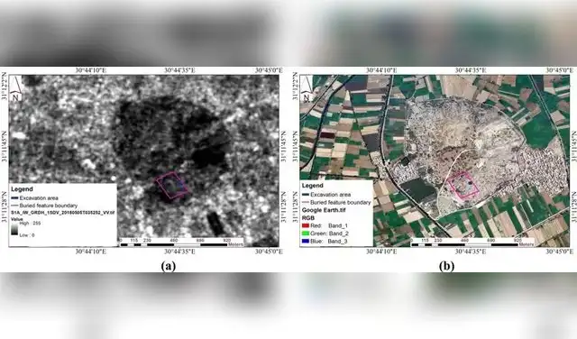 La ubicación de los restos detectados por satélite y proceso de excavación. Foto: Acta Geophys