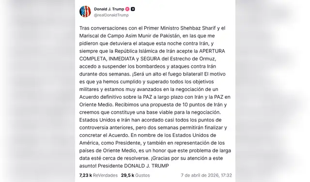 Donald Trump hizo el anuncio a través de Truth Social. Foto: @realDonaldTrump/Truth Social