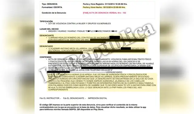 Miriam Hidalgo denunció a Vladimir Meza por violencia familiar en la comisaría de Huaraz (Áncash), por lo que fue sentenciado. Foto: La República  