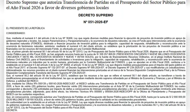 Decreto Supremo N.° 051-2026-EF: Transferencia de S/2 millones a 20 gobiernos locales para emergencias por lluvias.