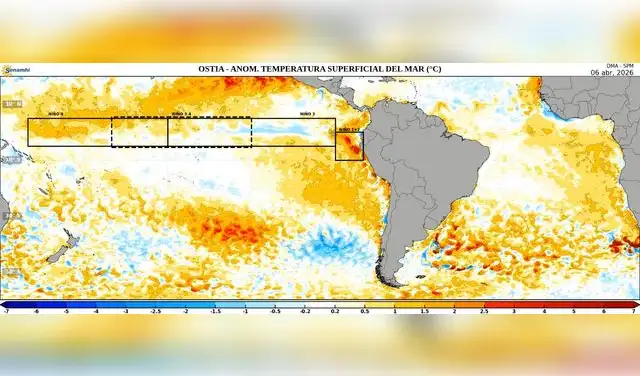 Avalos resaltó la diferencia entre la ocurrencia del fenómeno en el Pacífico Central (recorte 3.4.) y el Pacífico Oriental (recuadro 1+2)