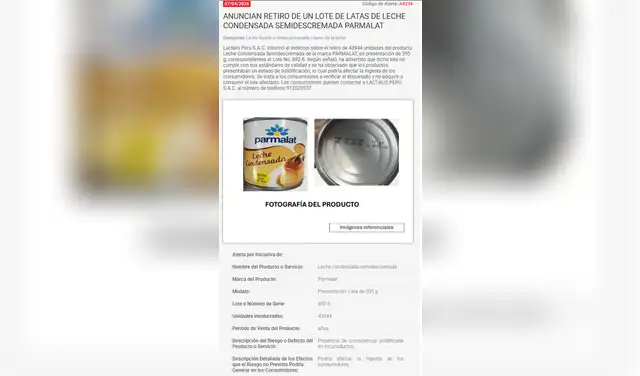 Indecopi reporta retiro del mercado de leche condensada Parmalat por resultados fuera de rangos aceptables