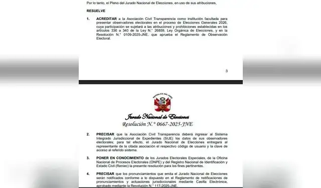 Decisión del JNE de acreditar a los observadores de la Asociación Civil Transparencia. La resolución data de noviembre del año pasado.