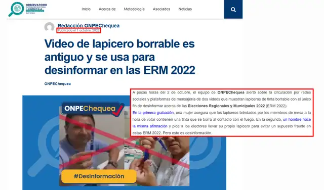 Postura de la ONPE ante el aparente uso de lapiceros de tinta borrable en el 2022. Foto: ONPE