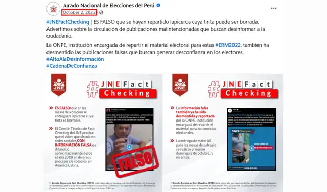 Postura del JNE ante el aparente uso de lapiceros de tinta borrable en el 2022. Foto: Jurado Nacional de Elecciones