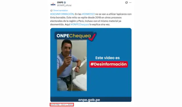 Postura de la ONPE ante el aparente uso de lapiceros de tinta borrable en el 2022. Foto: ONPE