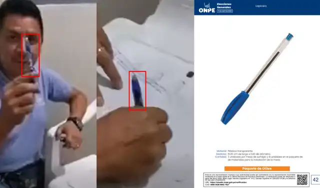 Comparación entre el lapicero del video y el que será utilizado para las Elecciones Generales según el Catálogo de Materiales Electorales Voto Convencional. Foto: Facebook / ONPE