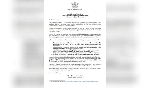 Comunicado de la Prelatura de Yauyos.