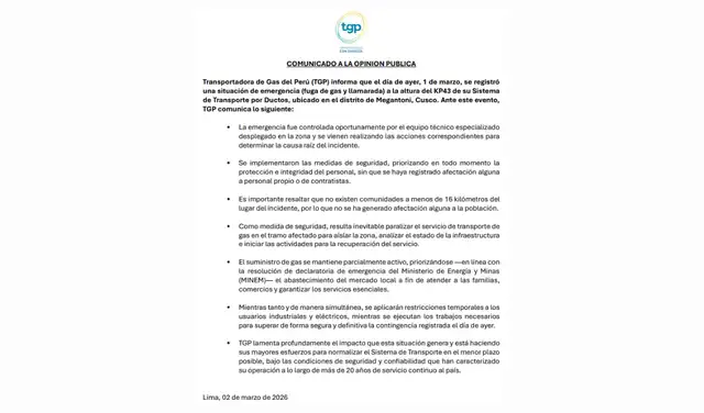 Comunicado de TGP a la opinión pública el 2 de marzo de 2026. Foto: Transportadora de Gas del Perú S.A.