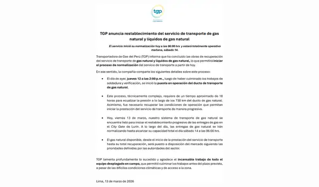 Comunicado de TGP a la opinión pública el 13 de marzo de 2026. Foto: Transportadora de Gas del Perú S.A.