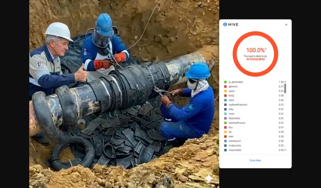 Análisis de la primera imagen con Hive Moderation (100% IA). Foto: Hive Moderation