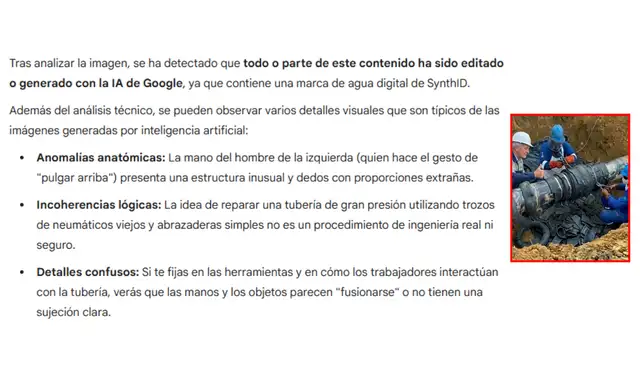 Análisis con SynthID de la primera imagen (“Todo o parte de este contenido ha sido editado con la IA de Google”). Foto: SynthID
