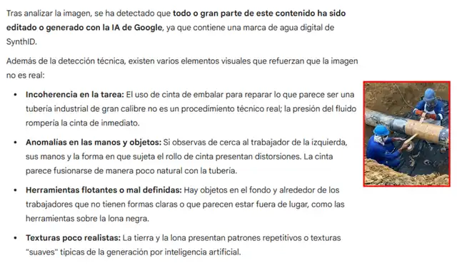 Análisis con SynthID de la segunda imagen (“Todo o parte de este contenido ha sido editado con la IA de Google”). Foto: SynthID