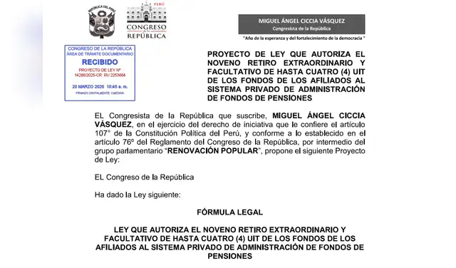 Congresista Miguel Ciccia propone autorizar noveno retiro de fondos de AFP por hasta 4 UIT.