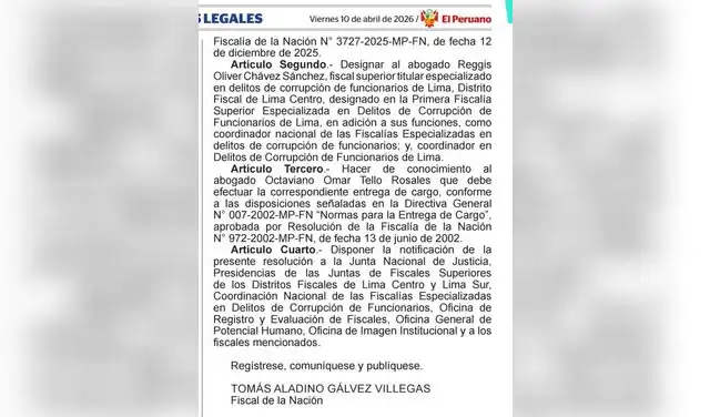 Resolución de El Peruano que nombra a Reggis Chávez como coordinador nacional de las Fiscalías Especializadas en delitos de corrupción.