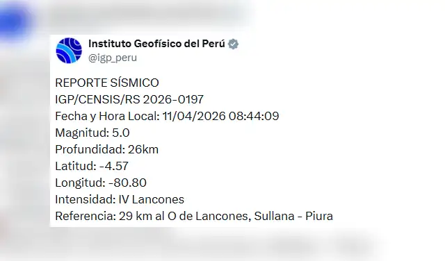 Reporte de temblor en Piura por IGP