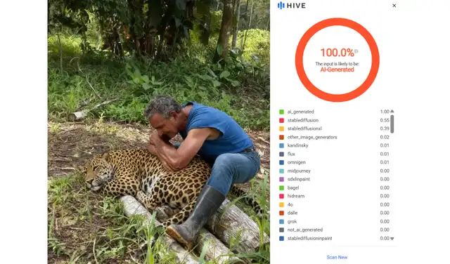 Análisis de la primera imagen con Hive Moderation (100% IA). Foto: Hive Moderation