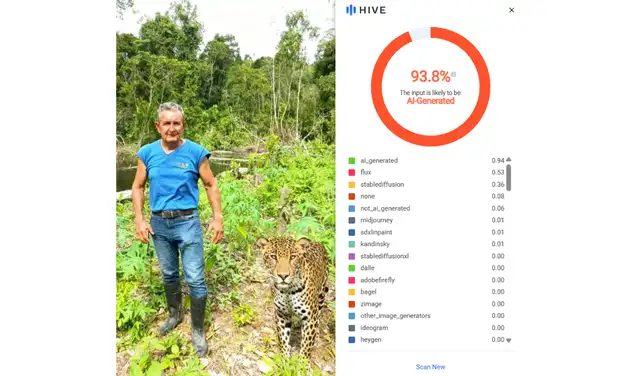 Análisis de la segunda imagen con Hive Moderation (93,8% IA). Foto: Hive Moderation