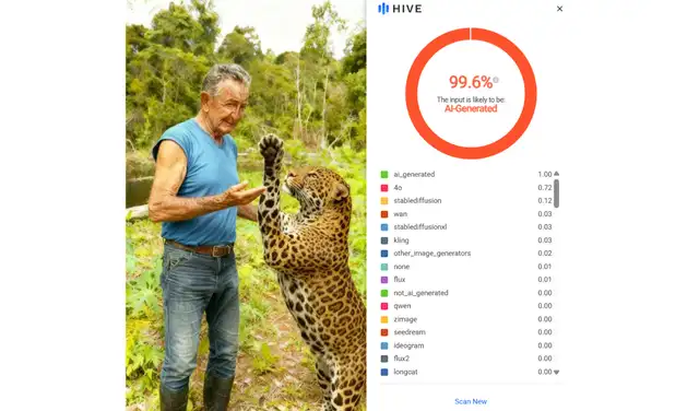 Análisis de la tercera imagen con Hive Moderation (99,6% IA). Foto: Hive Moderation