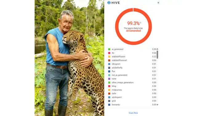 Análisis de la cuarta imagen con Hive Moderation (99,3% IA). Foto: Hive Moderation
