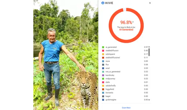 Análisis de la quinta imagen con Hive Moderation (96,8% IA). Foto: Hive Moderation