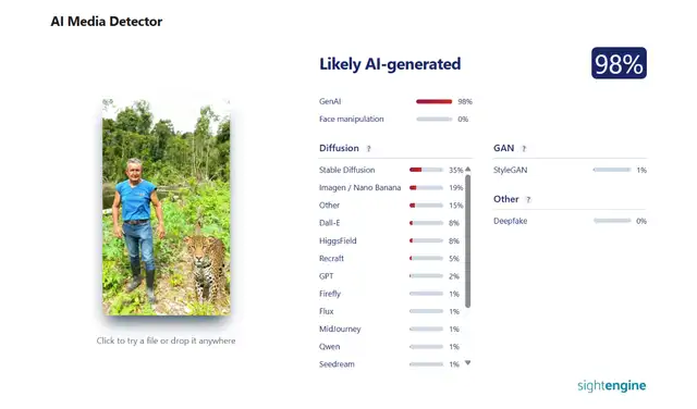Análisis de la segunda imagen con Sightengine (98% IA). Foto: Sightengine