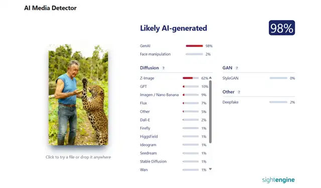 Análisis de la tercera imagen con Sightengine (98% IA). Foto: Sightengine