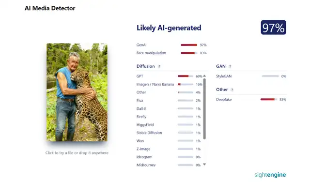 Análisis de la cuarta imagen con Sightengine (97% IA). Foto: Sightengine