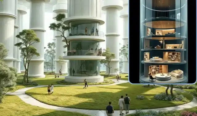 El diseño sugiere que la tripulación viva en columnas altas con muchos pisos . Foto: Proyecto Hyperion