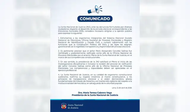 Comunicado oficial de la Junta Nacional de Justicia. | Foto: X - JNJ. Comunicado oficial de la Junta Nacional de Justicia. | Foto: X - JNJ.