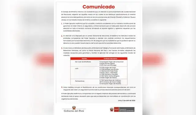 Comunicado sobre colegios en los que continuarán elecciones Comunicado sobre colegios en los que continuarán elecciones