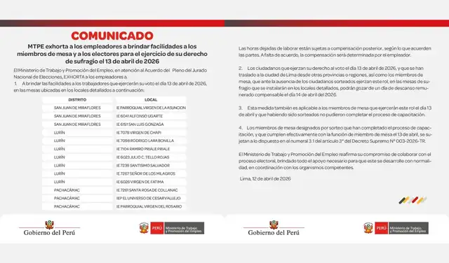 Comunicado del MTPE sobre las facilidades a electores pendientes del proceso electoral 2026.