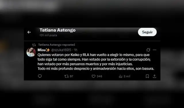 Tatiana Astengo disconforme con resultados electorales. Foto: 'X'