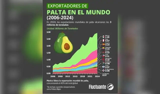 Top 10 de países exportadores de palta entre 2006 y 2024. Foto: Fluctuante Top 10 de países exportadores de palta entre 2006 y 2024. Foto: Fluctuante