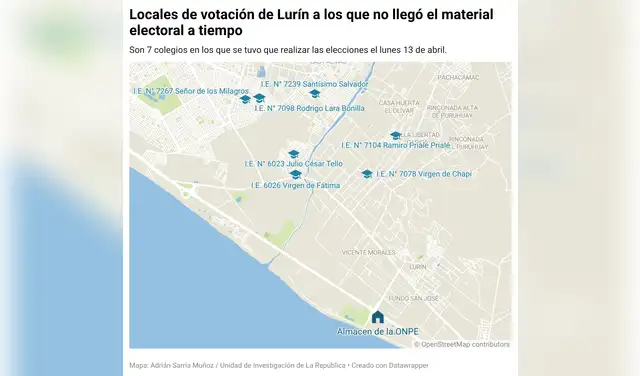 Siete de los 13 locales donde no llegó el material electoral a tiempo están en Lurín, el mismo distrito donde se ubica el almacén central de la ONPE. / Créditos: Adrián Sarria Muñoz Siete de los 13 locales donde no llegó el material electoral a tiempo están en Lurín, el mismo distrito donde se ubica el almacén central de la ONPE. / Créditos: Adrián Sarria Muñoz