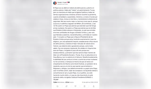 Las duras críticas del presidente de EE.UU. hacia el papa León XIV. Foto: @realDonaldTrump/TruthSocial Las duras críticas del presidente de EE.UU. hacia el papa León XIV. Foto: @realDonaldTrump/TruthSocial