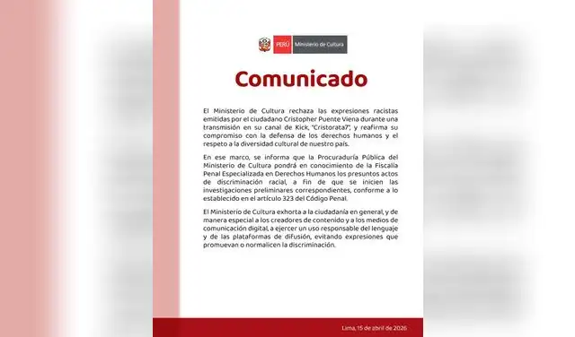 Comunicado oficial del Mincul rechazando comentarios racistas de 'Cristorata' Comunicado oficial del Mincul rechazando comentarios racistas de 'Cristorata'