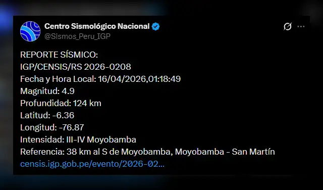 Reporte de temblor en San Martín por IGP