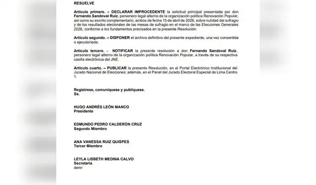 Declaración de improcedencia ante solicitud de nulidad para mesas instaladas luego del mediodía presentada por Renovación Popular