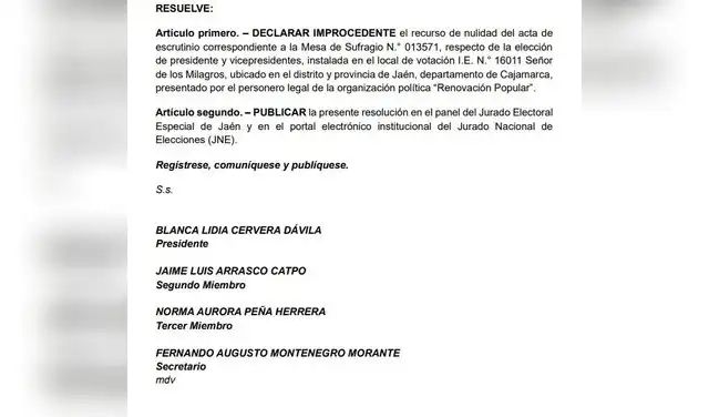 Declaración de improcedencia ante solicitud de nulidad de mesa en Jaén, Cajamarca
