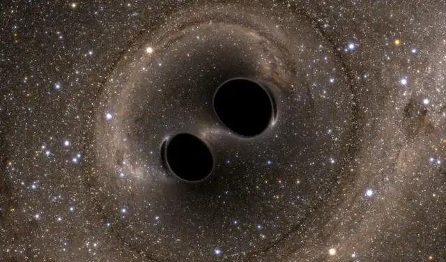 Una simulación de colisión de dos agujeros negros tras ser detectado por primera vez por el observatorio LIGO en 2016. Foto: LIGO Laboratory