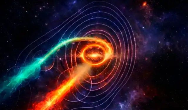 El agujero negro supermasivo en el centro de Markarian 501, desvía parcialmente la luz del chorro que se encuentra detrás de él, formando un llamado anillo de Einstein. Foto: Emma Kun / Observatorio HUN-REN K