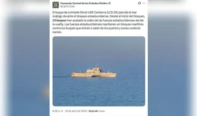 Un buque de combate de EE.UU. está patrullando cerca durante el bloque a Irán. Foto: @CENTCOM/X