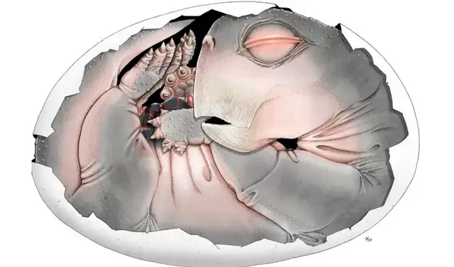 Embrión de Lystrosaurus dentro de su caparazón parcialmente conservado. Foto: Julien Benoit / Sophie Vrard